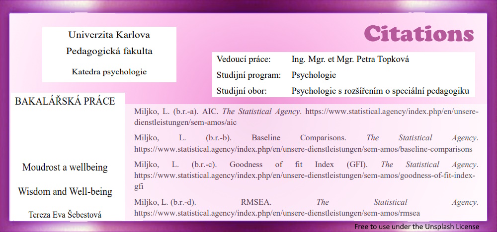 SEM model Fit results in IBM AMOS – IBM SPSS.  Article: BAKALÁŘSKÁ PRÁCE Moudrost a wellbeing Wisdom and Well-being