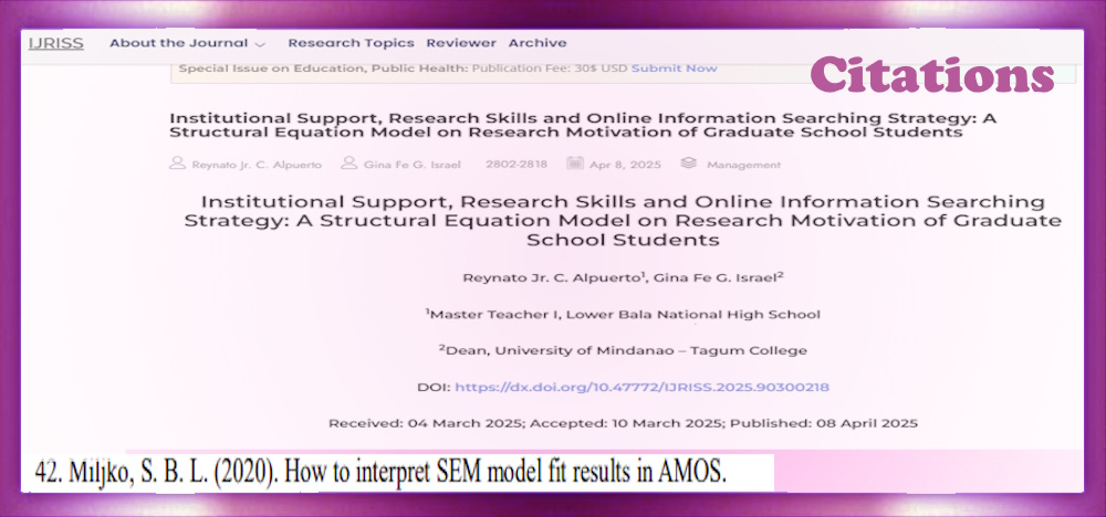SEM model Fit results in IBM AMOS – IBM SPSS.  Article: Institutional Support, Research Skills and Online Information Searching Strategy: A Structural Equation Model on Research Motivation of Graduate School Students